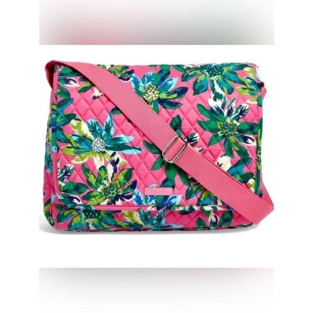 Vera Bradley LightenUp Tropical Paradise Pink Green Beige Messenger Shoulder Bag